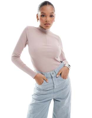 Threadbare Threadbare ribbed high neck half zip long sleeve bodysuit in taupe-Neutral