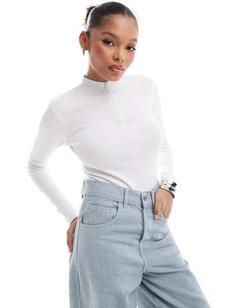 Threadbare ribbed high neck half zip long sleeve bodysuit in white - view 1