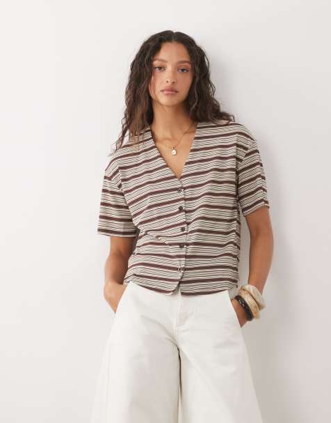 Threadbare ribbed jersey short sleeve beach shirt in brown and ecru stripe (part of a set) - view 1