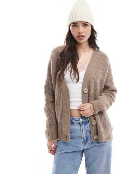 Threadbare ribbed knit cardigan in light brown - view 1