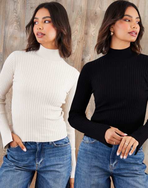 Threadbare Ribbed knit high neck jumpers (2 pack) in black - view 1