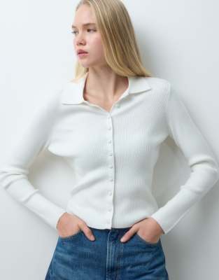 Threadbare Ribbed Knitted Polo Top In White