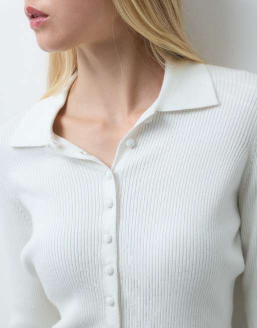 Threadbare ribbed knitted polo top in ecru, 3 of 4