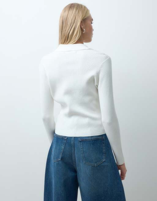 Threadbare ribbed knitted polo top in ecru, 4 of 4