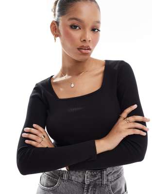 Threadbare Threadbare ribbed long sleeve bodysuit in black