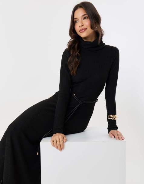 Threadbare Ribbed roll neck maxi dress with belt in black - view 1