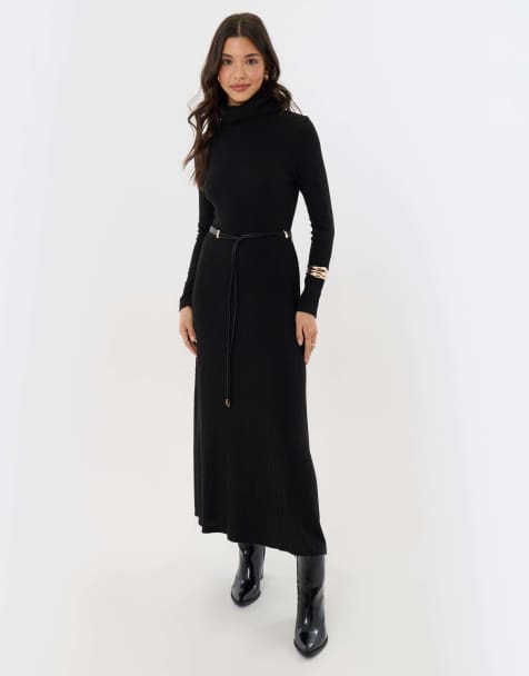black knitted dress with belt Jumper Dresses for Women | Black Knit Dresses AI Maniere de voir