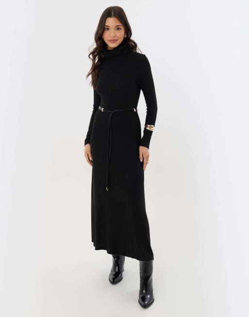 Threadbare Ribbed roll neck maxi dress with belt in black, 2 of 4