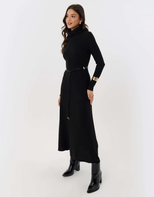 Threadbare Ribbed roll neck maxi dress with belt in black, 3 of 4