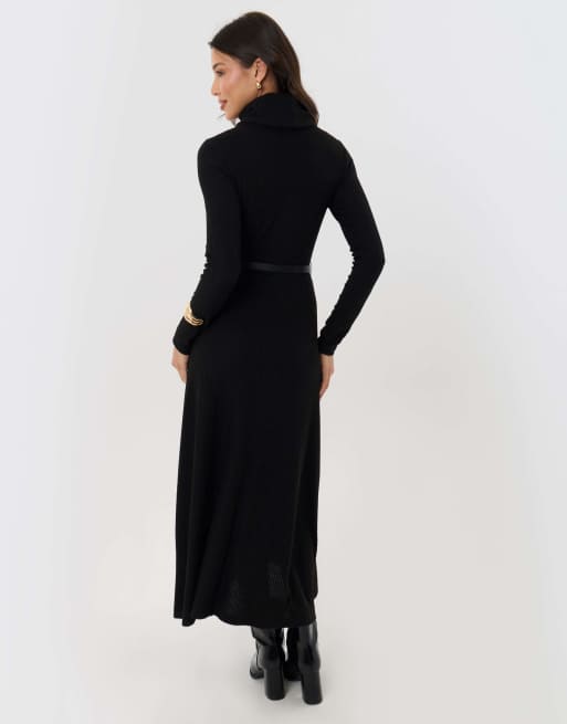 Threadbare Ribbed roll neck maxi dress with belt in black, 4 of 4