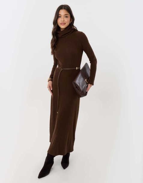 Threadbare Ribbed roll neck maxi dress with belt in chocolate brown