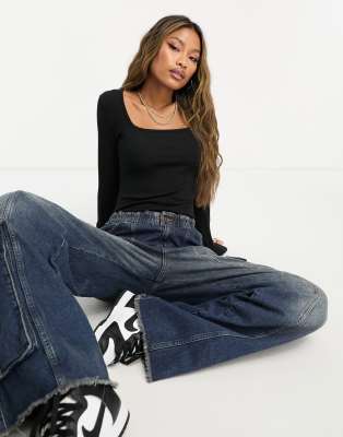 Threadbare ribbed square neck long sleeve bodysuit in black - view 1