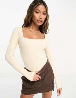 Threadbare ribbed square neck long sleeve bodysuit in ecru