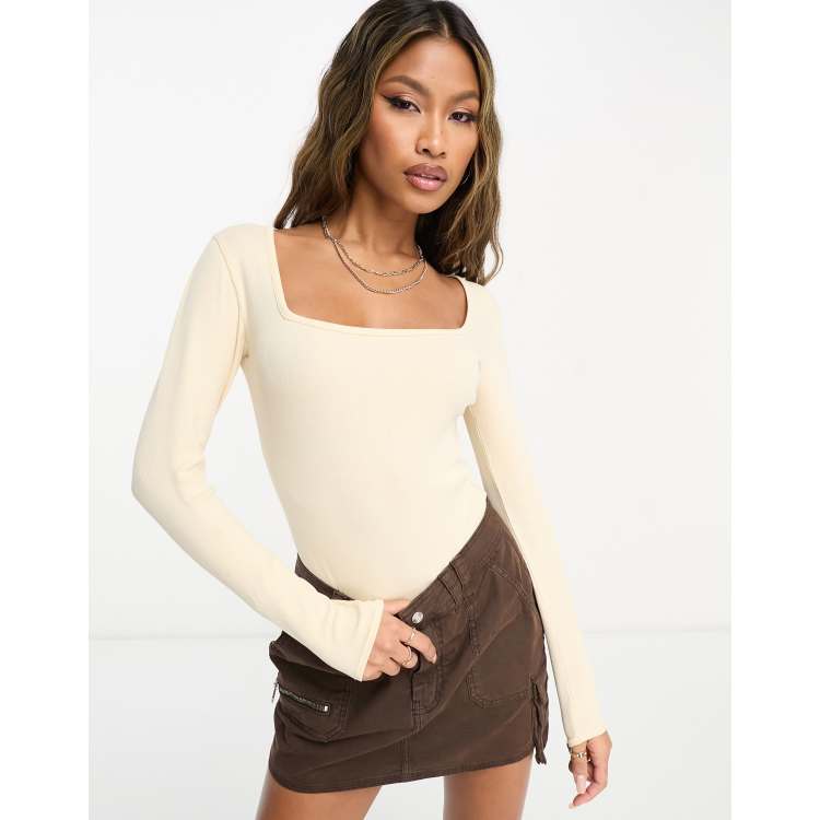 ASOS DESIGN rib square neck long sleeve unitard playsuit in stone