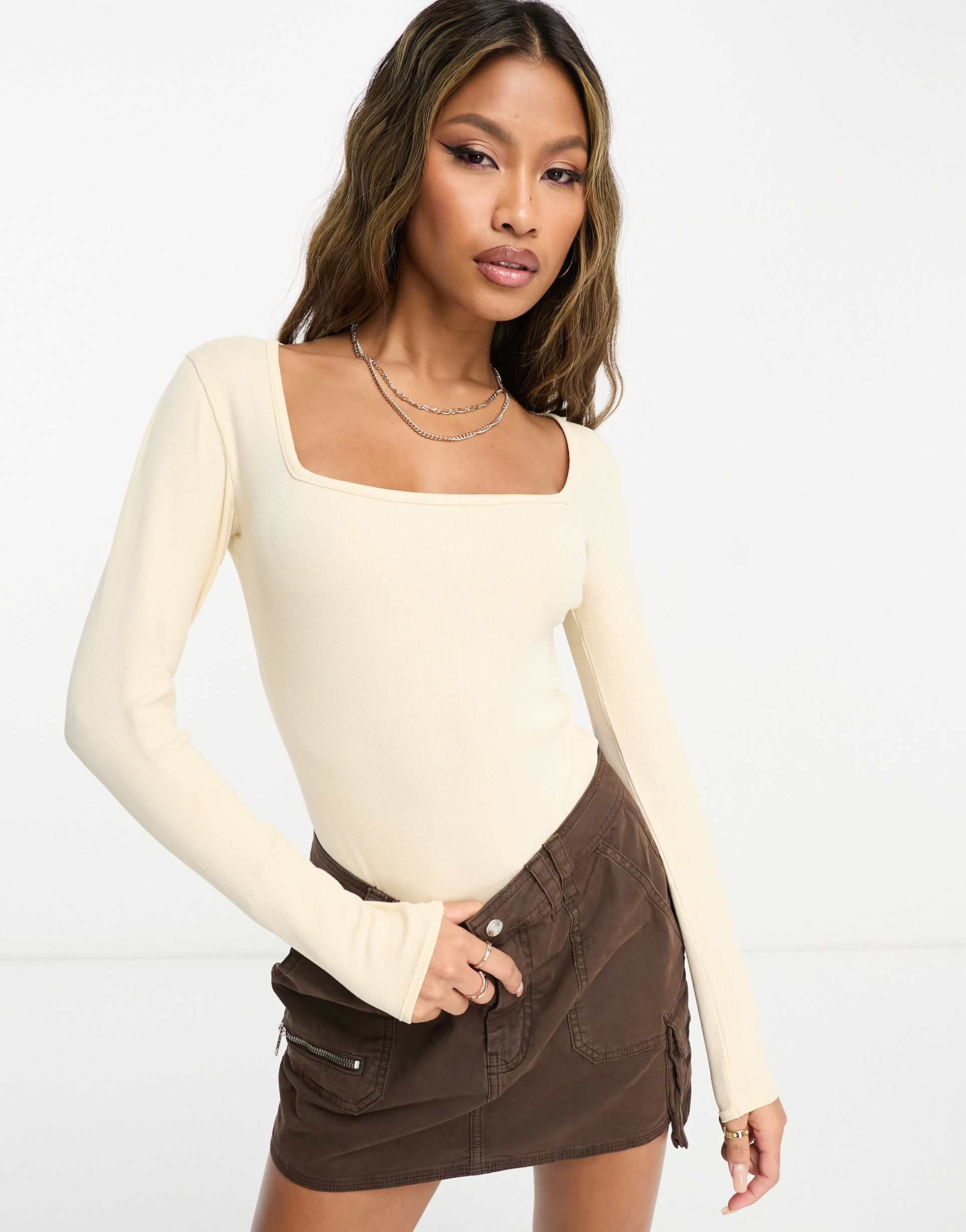 threadbare ribbed square neck long sleeve bodysuit in ecru