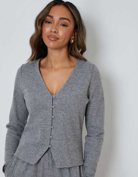 Threadbare Ribbed v neck lounge cardigan in grey