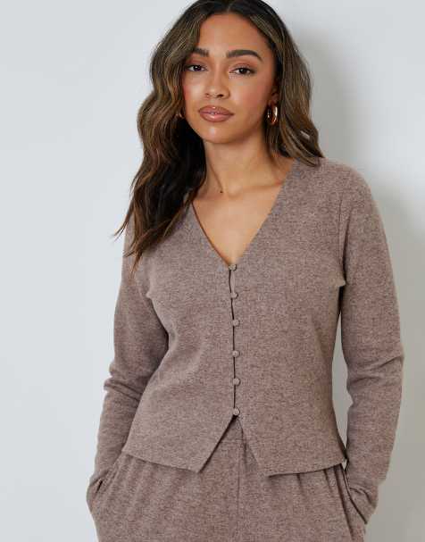 Threadbare Ribbed v neck lounge cardigan in taupe
