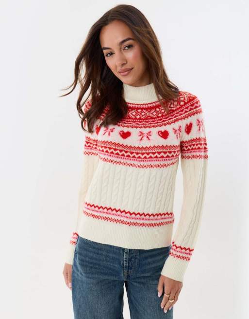 Threadbare Ribbon fairisle knitted christmas jumper in cream, 2 of 5