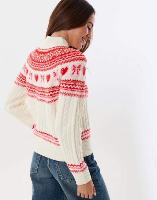 Threadbare Ribbon fairisle knitted christmas jumper in cream, 3 of 5
