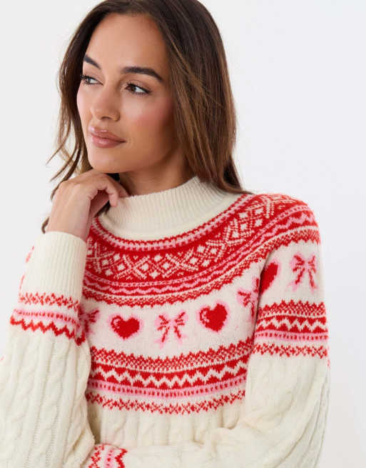 Threadbare Ribbon fairisle knitted christmas jumper in cream, 4 of 5