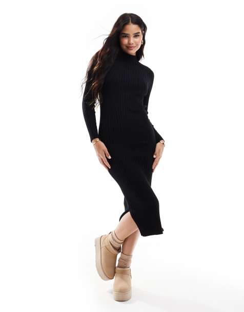 Threadbare - Ribgebreide midi-jurk met hoge hals in zwaart - view 1