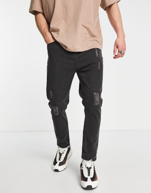 Threadbare rigid distressed carrot fit jean in dark grey ASOS