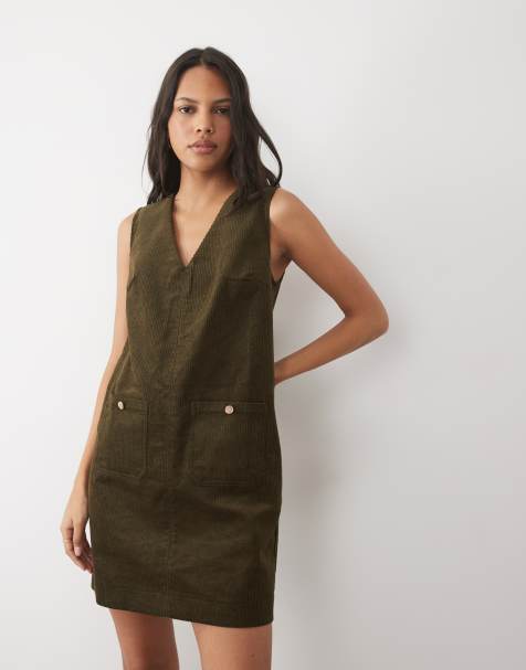 Threadbare robe chasuble courte en velours côtelé kaki - view 1