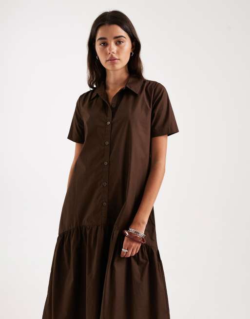 Threadbare - Robe chemise mi-longue en popeline à volants étagés - Marron chocolat, 2 de 4