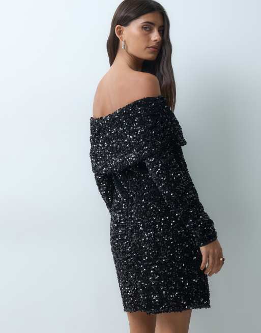 Threadbare robe courte Bardot à manches longues à sequins noire, 4 de 4