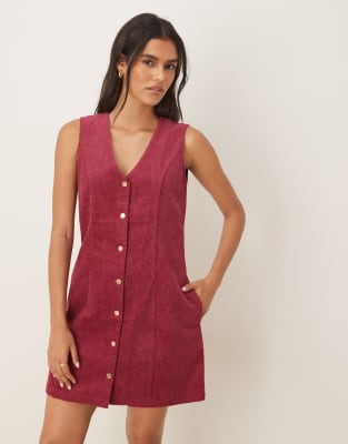 Threadbare - Robe courte boutonnée en velours côtelé - Framboise-rose