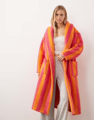 Threadbare - Robe de chambre longue à rayures - Orange et fuchsia