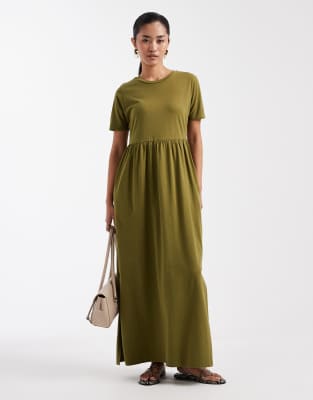Robe longue en jersey à manches courtes - Kaki-Vert 34