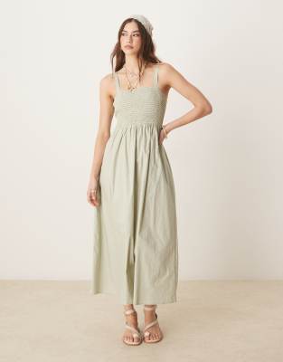 Robe longue froncée à bretelles fines - Vert 42