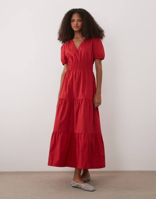 Threadbare - Robe mi-longue à volants étagés en popeline de coton avec manches bouffantes et col V - Rouge