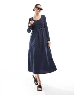 Robe mi-longue en popeline de jersey à manches longues - Bleu marine 38