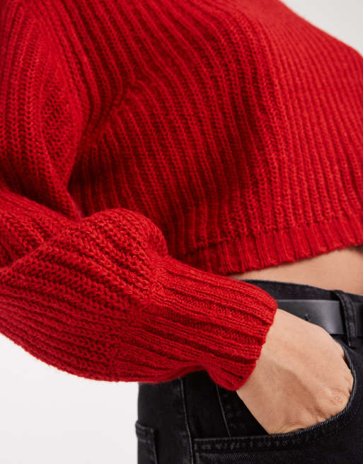 Threadbare – Röd, stickad, ribbad tröja med rund halsringning och kort design, 3 av 4