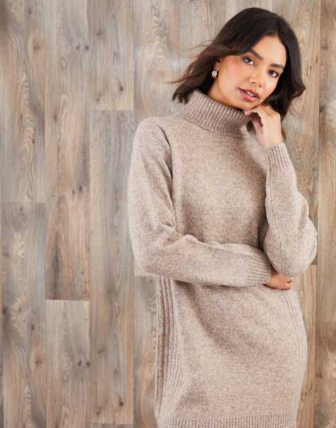 Threadbare Roll neck knitted mini dress in light beige - view 1