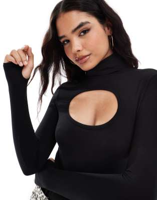 ALGALAROUND Women's Cutout Mock Turtleneck Top - Bodycon Fitted Tee With Peekaboo Detail, Long Sleeve