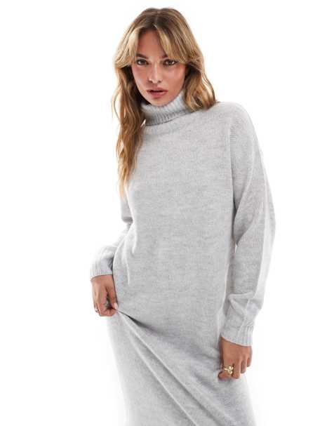 Threadbare roll neck oversized maxi jumper dress in grey - view 1