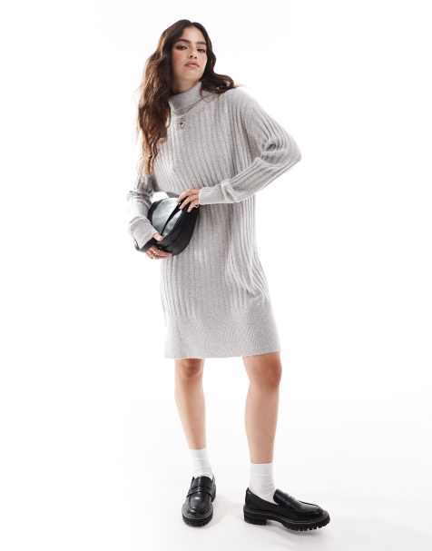 Threadbare roll neck ribbed jumper dress in grey - view 1