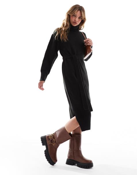 Threadbare roll neck tie waist midi jumper dress in black - view 1