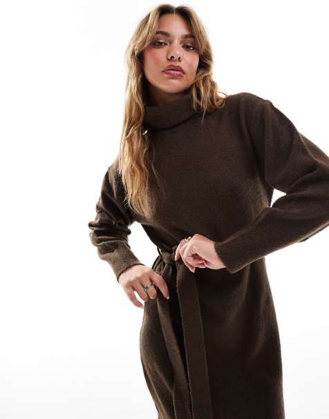 Threadbare roll neck tie waist midi jumper dress in chocolate brown - view 1