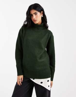 Threadbare - Rollkragenpullover aus Grobstrick in Khaki-Grün