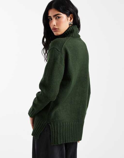 Threadbare – Rollkragenpullover aus Grobstrick in Khaki, 4 von 4