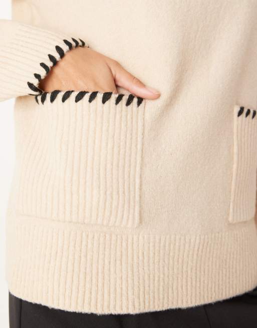 Threadbare – Rollkragenpullover in Ecru mit Taschendetail vorne und Kontrastnähten, 2 von 4
