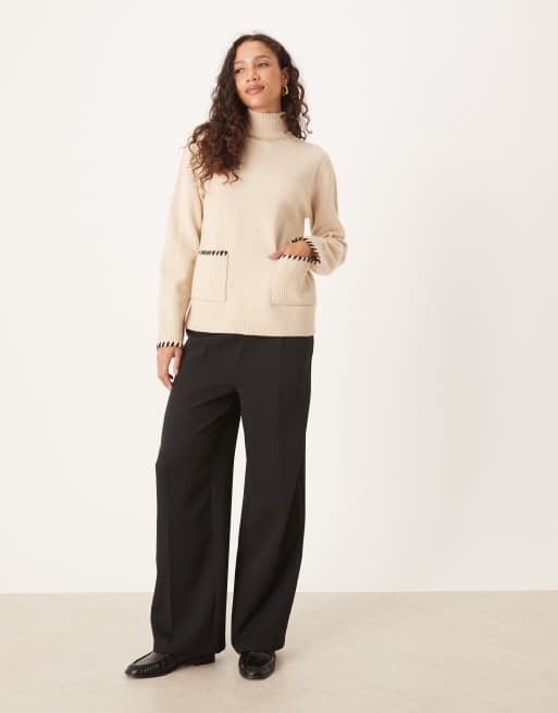 Threadbare – Rollkragenpullover in Ecru mit Taschendetail vorne und Kontrastnähten, 4 von 4