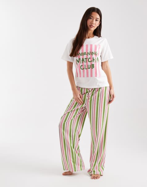 Threadbare – Rosa och grön, randig pyjamas med Matcha-tryck - view 1