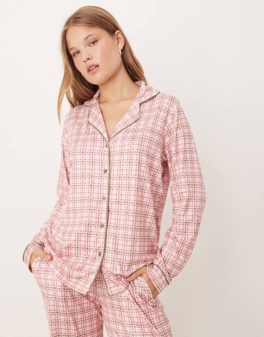 Threadbare – Rosa- och grönrutig pyjamas med långa ärmar och knäppning, 2 av 4