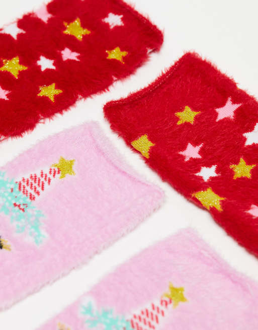 Threadbare – Rosa och röda, fluffiga strumpor med stjärnor och enhörning, 2-pack, 4 av 4