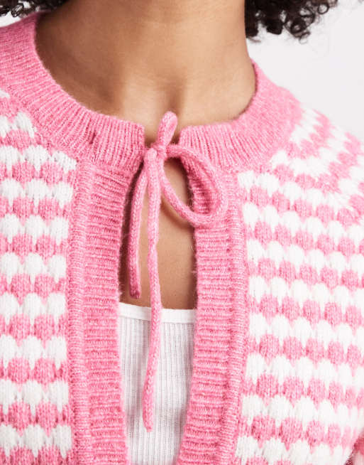 Threadbare – Rosa- och vitrandig, stickad kofta med knytning framtill, 3 av 4